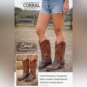 Corral Turquoise Inlay Western Cowboy Boots Women’s Leather Square Toe Cowgirl
